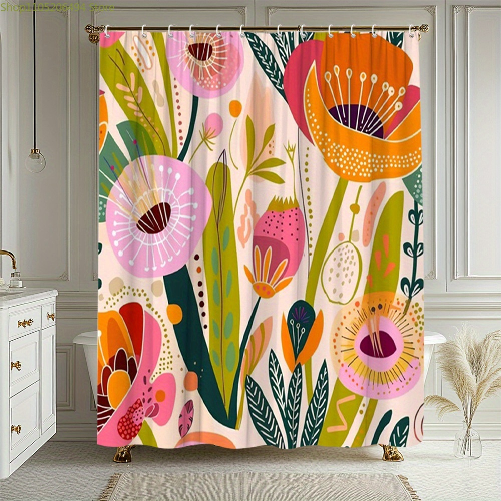 Home Bathroom Ideas - Canlı Çiçek Desenli Duş Perdesi, Soyut