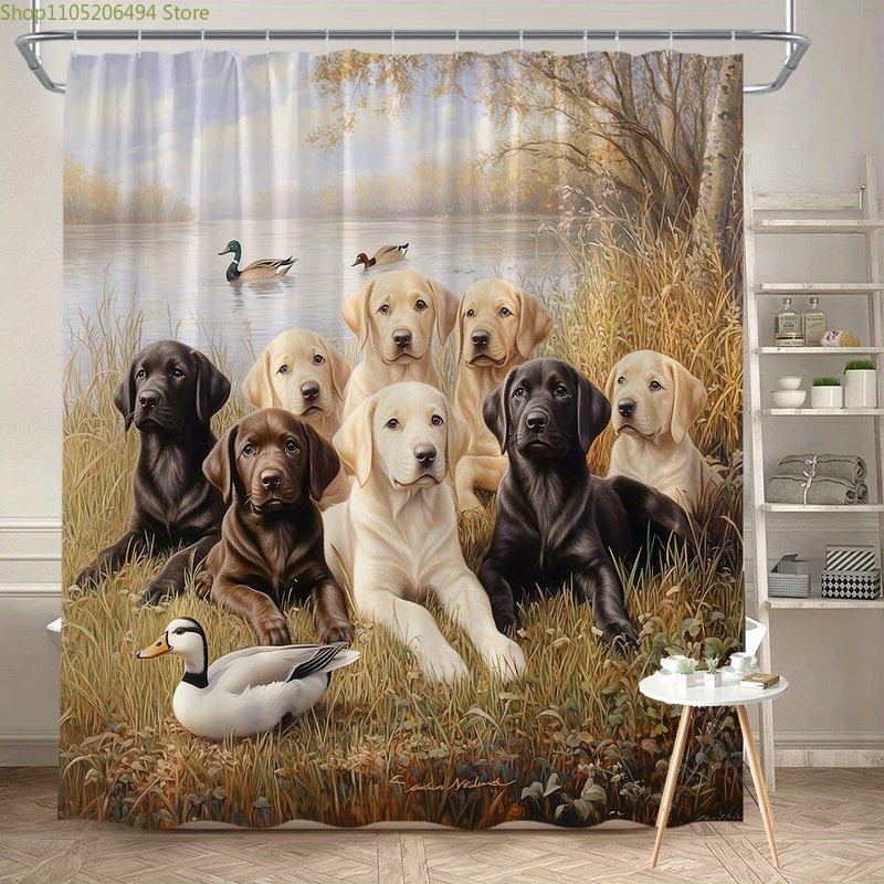 Home Bathroom Ideas - Labrador Köpek Ailesi Duş Perdesi, Ördek