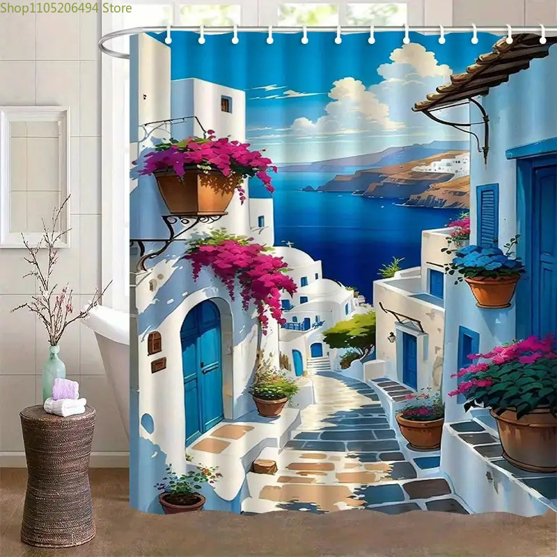 Home Bathroom Ideas - Santorini Yunan Adası Duş Perdesi Mavi