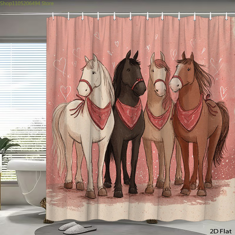 Home Bathroom Ideas - Sevimli Atlar Duş Perdesi, Karikatür Hayvan